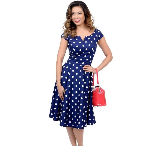 Hell Bunny Vixen 1950s Vintage Style Antoinette Blue Polka Dot Swing Dress Small - Picture 3 of 4